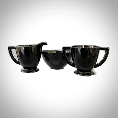 Lot # S-33 -Vintage L.E. Smith Glass Company Art Deco Style Black Amethyst Glass Sugar, Creamer, & Bowl Set