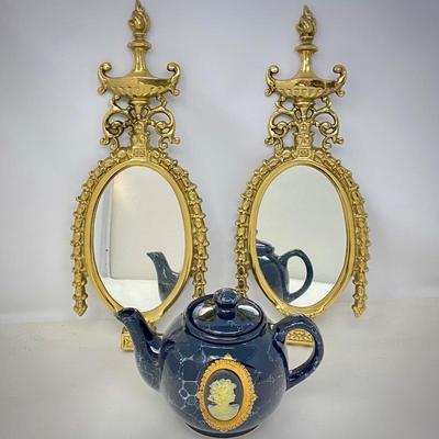 Lot #T 79 - Pair of Solid Brass Rococo Style Wall Mirrors - Small Victorian Teapot