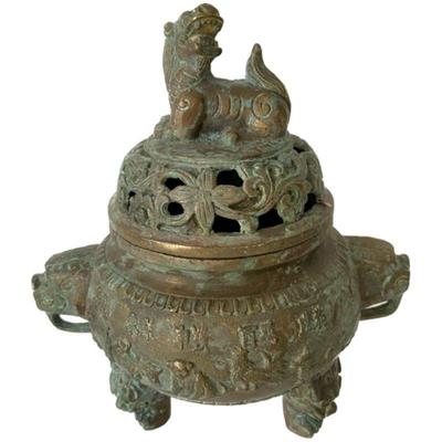 Lot # S-15 -Antique Patinated Bronze Asian Incense Burner Tripod with Foo Dog Lid