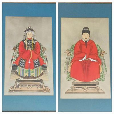  Set of Two Framed & Matted Hand Painted Chinese Ancestor Portraits - Hand Painted on silk 9