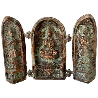 Lot # S-12 -Old Patinated Bronze Buddhist Trinity Altar- Triptych Meditation Temple