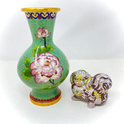 Lot # T48 - Vintage Chinese Cloisonne Brass and Enamel Vase and Pekingese Dog