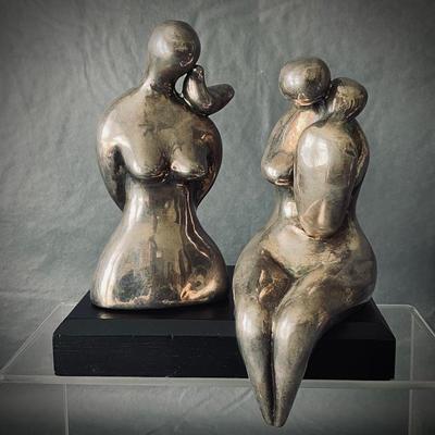 Lot # S-35 - Two Devora Jaron Fine Sterling Silver Nude Sculptures Mother & Child, Women w/ Dove