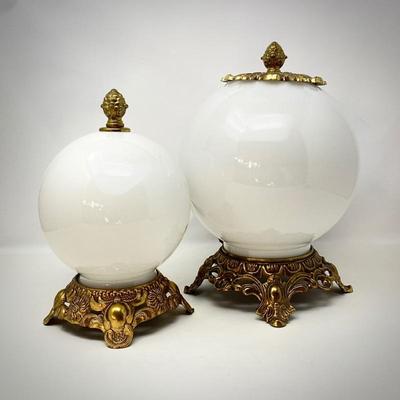 Lot # 98 - Set of Two Antique Style White Globe Table Lamps on Brass Stands-L & L WMC