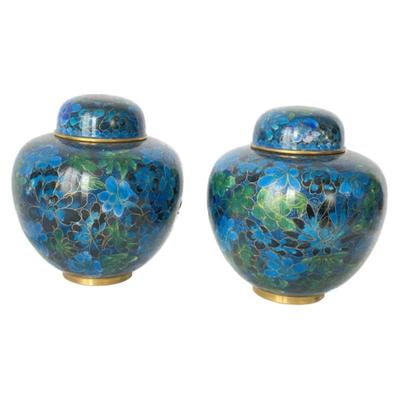 Lot # S-7 - Set of Two Enameled Cloisonne Ginger Jars in Blue Floral Motifs