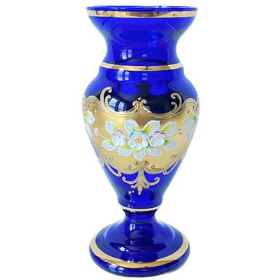 Lot # S-29-Bohemian Czech Hand-Blown Vase Cobalt Blue Art Glass Gold Gild Enamel Flowers