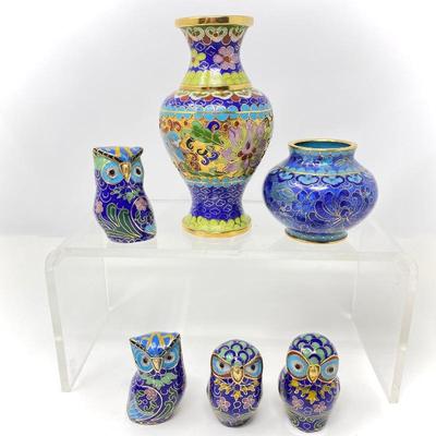Lot # T47- Vintage Chinese Cloisonne Lot- Brass and Enamel 4 Owl Figurines, 2 Vases