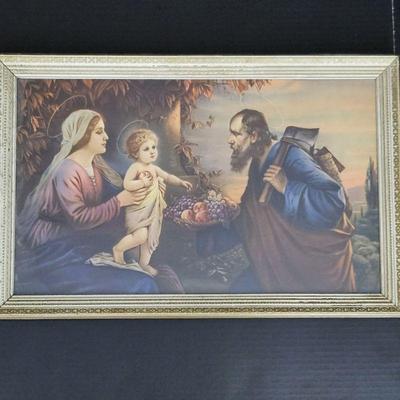 Vintage Framed Mother Mary, Joseph & Jesus Offset Lithograph Print ~ 22