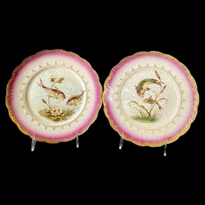 Lot # S-32 - Antique Lebeau Porcelain Plates- Asian Inspired Fish with Pink Band & Gold Trim