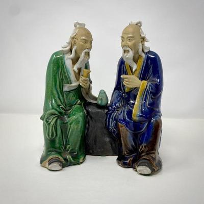 Lot # T-4 - Vintage Mudmen Figurine-Two Handmade Seated Chinese Wise Men in Discussion
