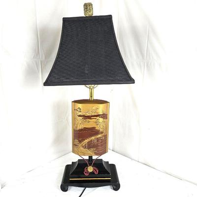 Asian Style Painted Wood Based Lamp with Black Square Shade - Vintage and Works Great 31