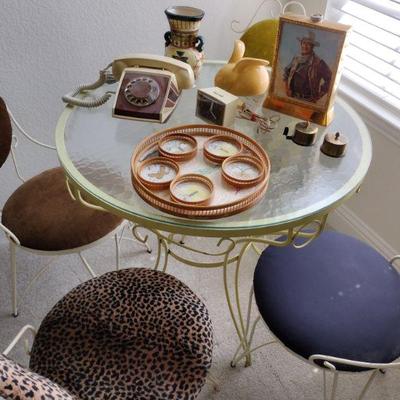 MCM Wrought Iron Dayroom Glass Top Table w/ Chairs