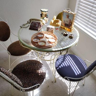 MCM Wrought Iron Dayroom Glass Top Table w/ Chairs