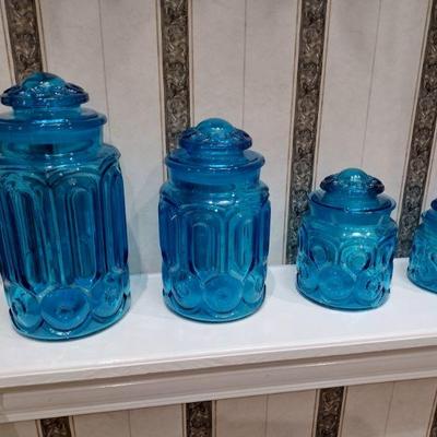 MCM L.E. Smith Blue Moon & Stars Glass Kitchen Canister Jars - Set of 4