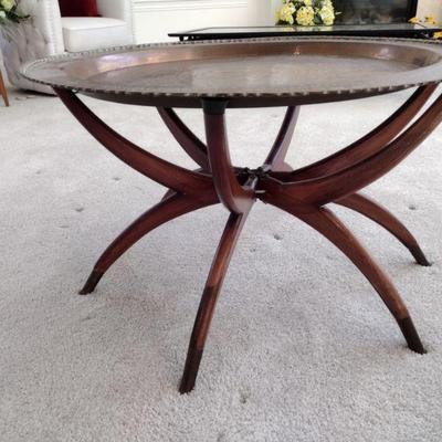 MCM Brass Tray on Wood Spider Legs Coffee Table