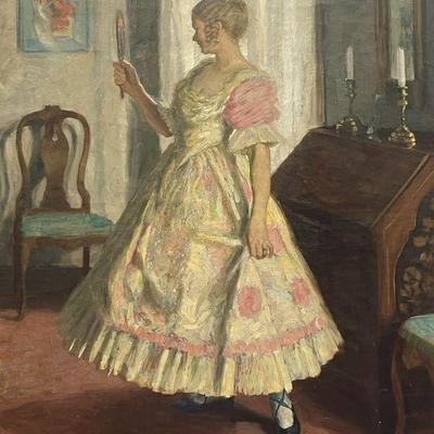 Sam Uhrdin (1884-1964, Sweden) Large Interior Scene of Woman with Mirror