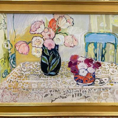 Paula Rubinstein (Contemporary, American) â€œBlack Vase on Laceâ€