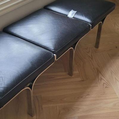 Three-Cushion Black Leather Bench after E. & E. Laverne