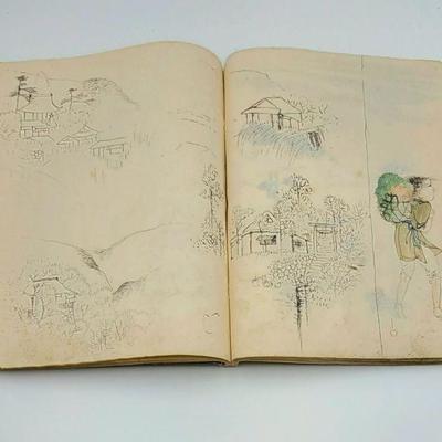 Meiji Period Japanese Sketch Books with Hand Drawn & Colored Illustrations
