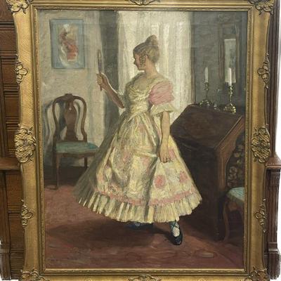 Sam Uhrdin (1884-1964, Sweden) Large Interior Scene of Woman with Mirror