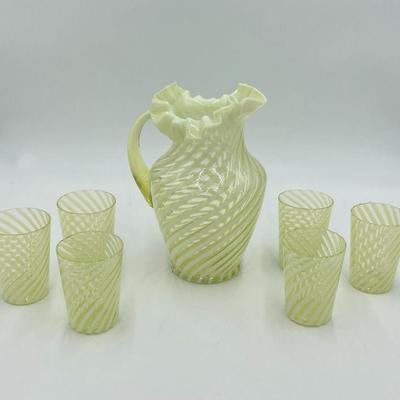 1930â€™s Yellow Opalescent Spiral 7pc Lemonade Set (Fenton attrib.)
