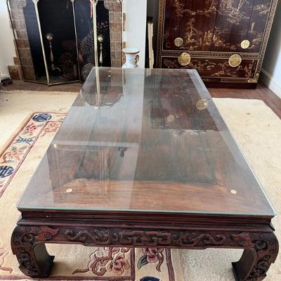 Antique rosewood  table with glass top Chau Cocktail Table
