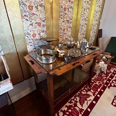 Vintage solid wood bar cart with dropping leaves