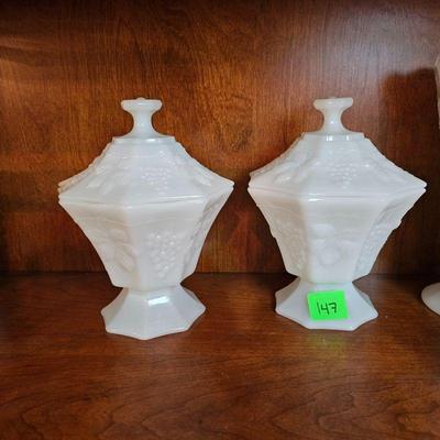 PAIR ANCHOR HOCKING MILK GLASS LIDDED COMPOTES