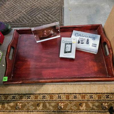 NICE WOOD TRAY W LUCITE PICTURE FRAMES