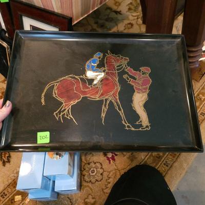 MID CENTURY COURO LACQUER TRAY INLAID WOOD & BRASS