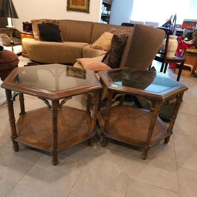 MID CENTURY FAUX BAMBOO & CANE SIDE TABLES