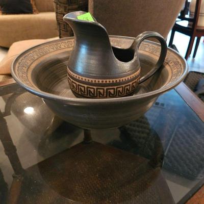 MID CENTURY GREEK SIGNED POTTERY PITCHER & BASIN