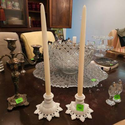 Lace Milk Glass Candlestick Holders