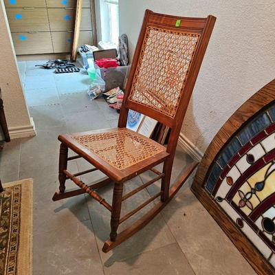 Antique Youth Cane & Teak Rocking Chair
