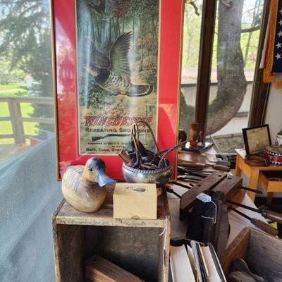 Winchester sign, bird calls, duck decoy