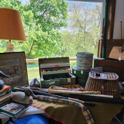 Fishing items, tackle box,creels,buckets,fly rods,chesapeake retriever print, anheuser Busch wood crate