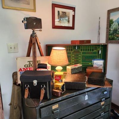 Vintage cameras, poker chips, poker table, 