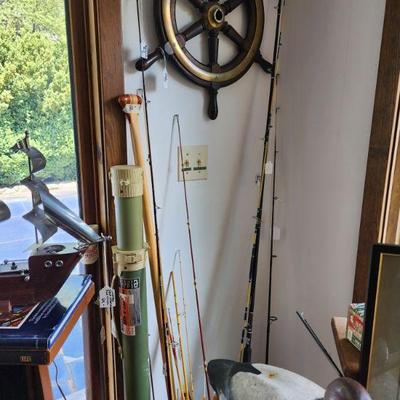 Fly, salt ,fresh fish rods, ship wheel