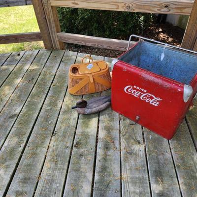 Coca cola cooler, duck decoy, plastic creel