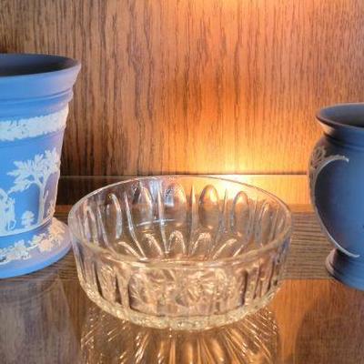 Wedgewood vases and crystal candy dish