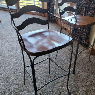 Heavy, wrought iron & Wood Seat Bar Stools