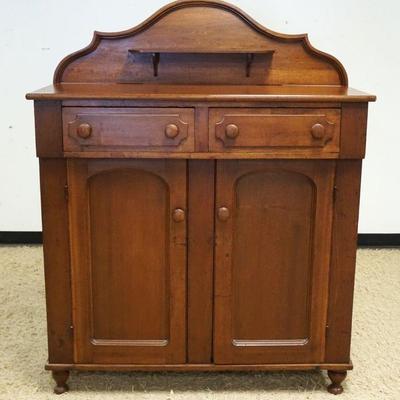 1025	PINE 2 DOOR 2 DRAWER JAM/JELLY CABINET W/DOVETAIL CONSTRUCTED DRAWERS & SCALLOPED EDGE TOP GALLERY ON TURNED FEET, APPROXIMATELY 50...