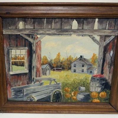 1145	OIL PAINTING ON CANVAS FARM SCENE SIGNED LOWER RIGHT APPROXIMATELY 25 IN X 21 IN OVERALL

