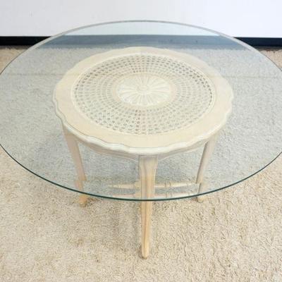 1087	EHTAN ALLEN SIGNATURE SERIES DINETTE TABLE, GLASS TOP ON WOOD & WOVEN CANE BASE, APPROXIMATELY 46 IN X 30 IN HIGH
