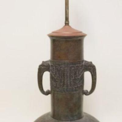 1199	LARGE ASIAN BRONZE/BRASS VASE WITH ELEPHANT HANDLES AT TOP, ALTERED TO BE A TABLE LAMP, APPROXIMATELY 36 IN H
