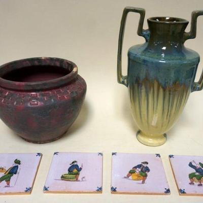 1139	LOT ART POTTERY DOUBLE HANDLED URN VASE & POT, 4 QUIMPER TILES APPROXIMATELY 5 IN SQUARE, VASE HAS HOLE IN BASE,
