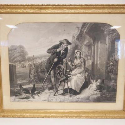 1185	LARGE ANTIQUE ENGRAVING OF MAN AND WOMAN AT SPINNING WHEEL WITH INFANT, APPROXIMATELY 34 IN X 27 IN OVERALL
