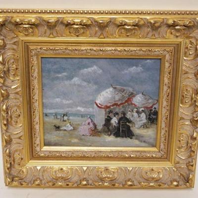 1188	CONTEMPORARY ARTWORK OF VICTORIAN SHORE SCENE IN GILT FRAME, APPROXIMATELY 14 IN X 16 IN OVERALL
