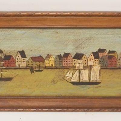 1189	FRAMED FOLK ART STYLE PAINTING OF HARBOR SCENE ON BOARD, APPROXIMATELY 10 IN X 23 IN OVERALL
