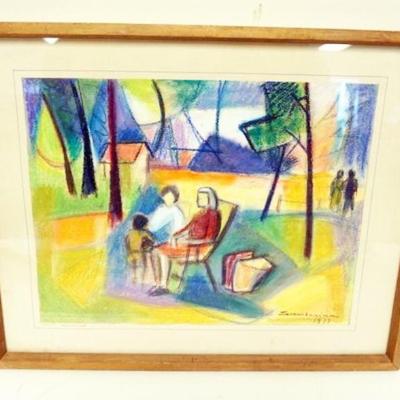 1176	ARTIST SIGNED PASTEL TITLE PICNIC, APPROXIMATELY 17 IN X 21 IN OVERALL
